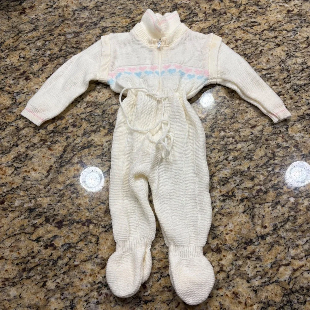 Vintage Collections Baby Knit Footed Coverall Hearts White Pink Blue 6-9 Months